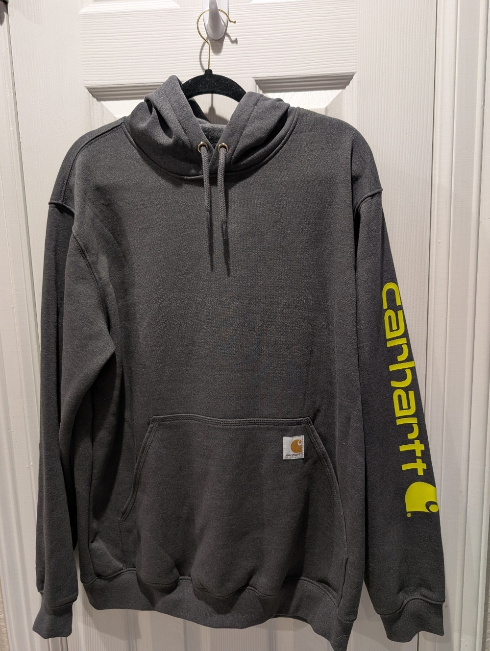 Carhartt Gray Pullover Hoodie with Yellow Sleeve Logo